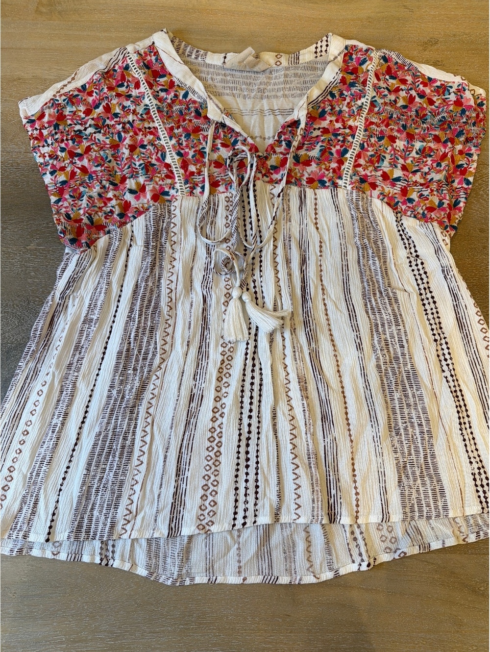 Savanna Jane Boho Style Embroidered Blouse with Tassels, Size Large